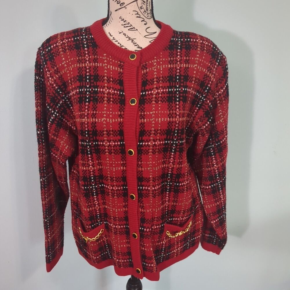 Vintage Laura Scott Red & Gold Plaid Cardigan  medium Sweater Classic